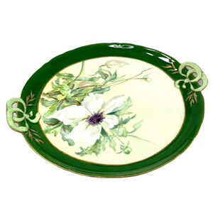 Vintage GDA France Floral‎ Green Tray Plate Bow Handles Goldtone Trim